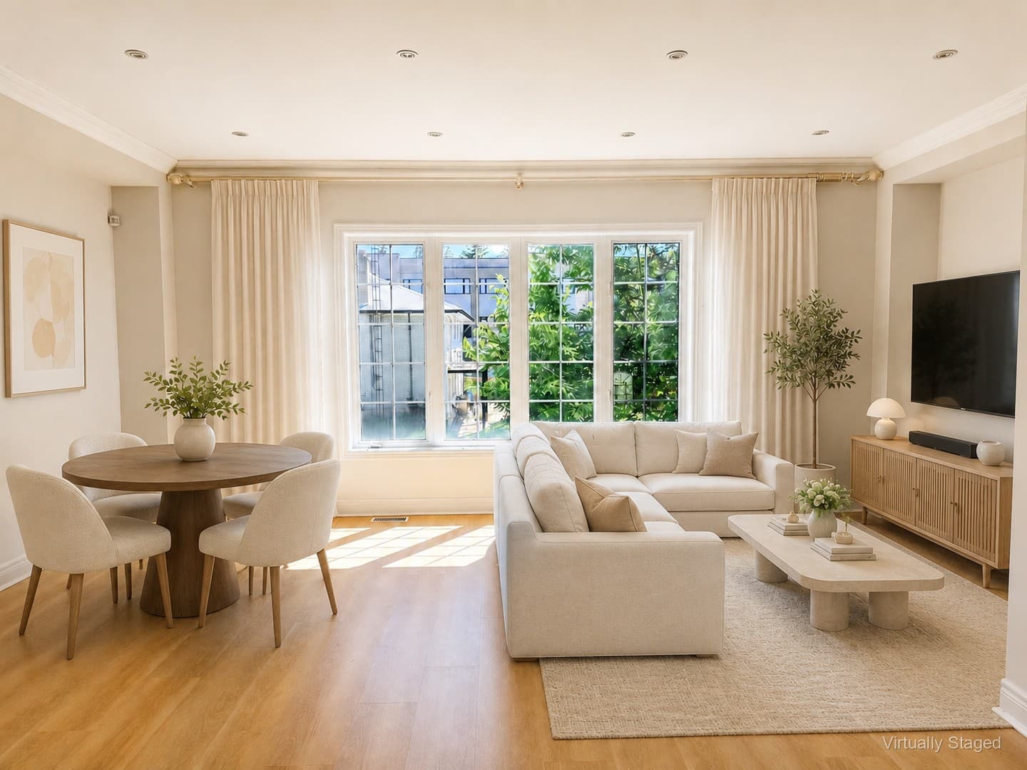 Virtually staged straight-on view of the large living room window