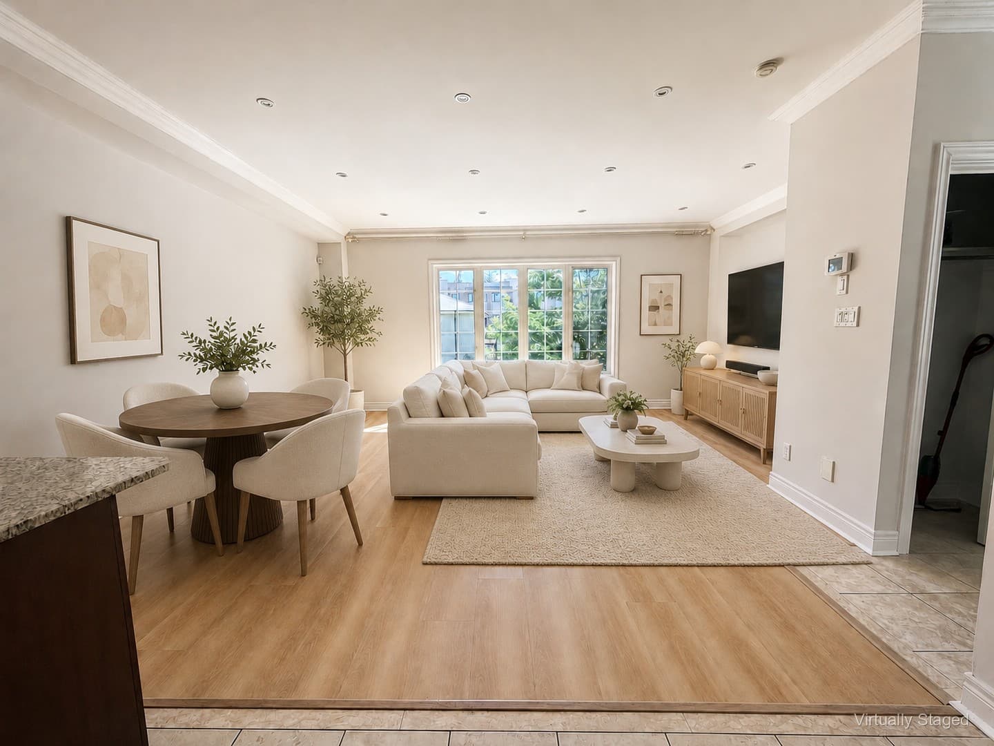 Virtually staged wide angle view of the living room window
