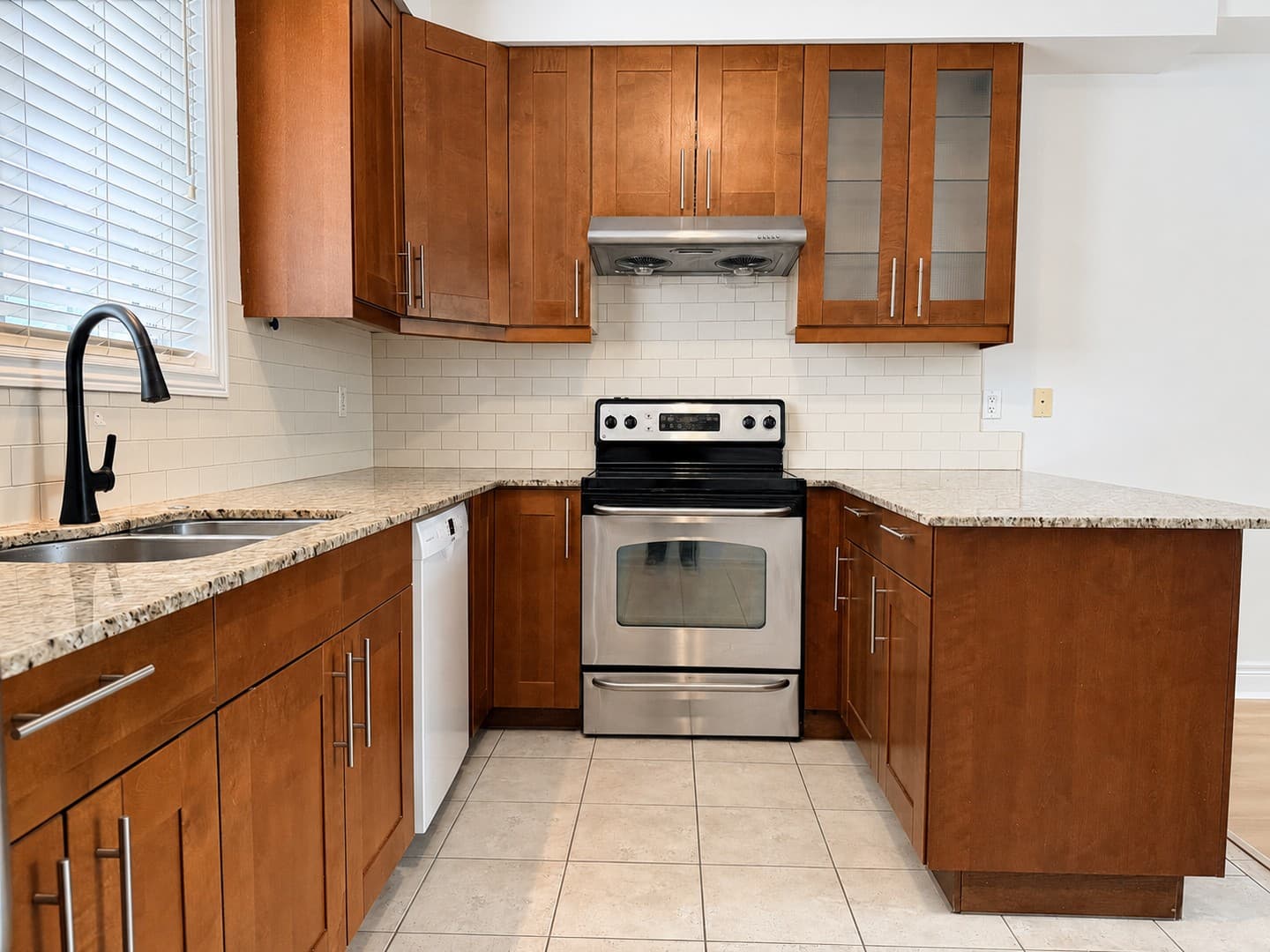 Kitchen range, sink, and countertops