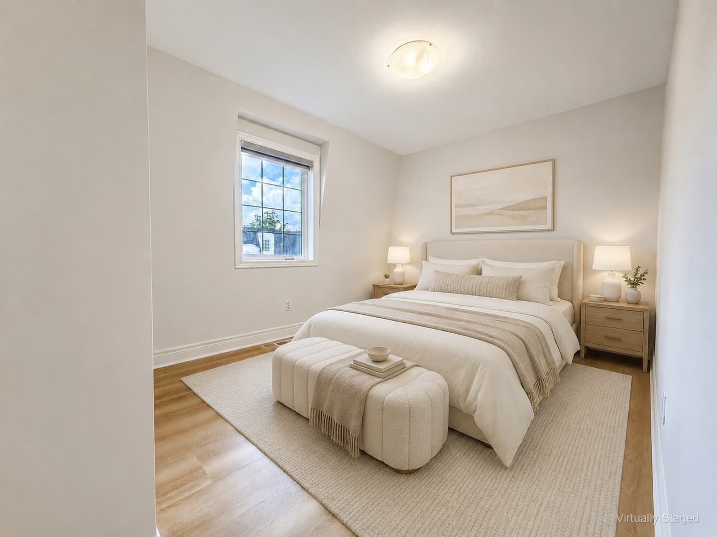 Virtually staged corner angle showing bedroom window and wall