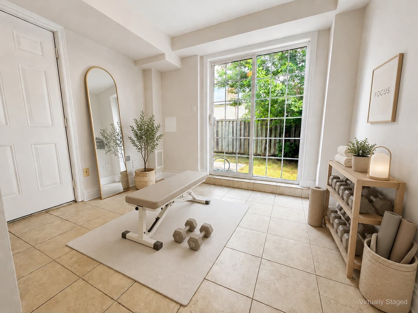Virtually staged finished basement recreation room (Layout B)