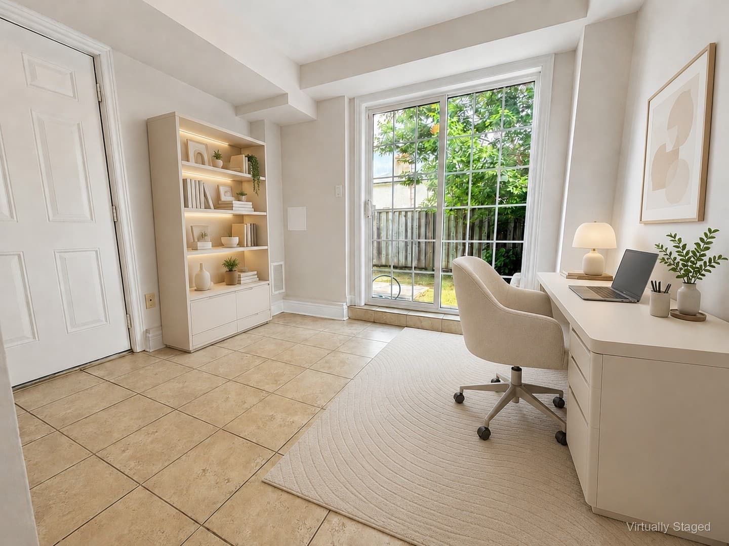 Virtually staged finished basement recreation room (Layout C)